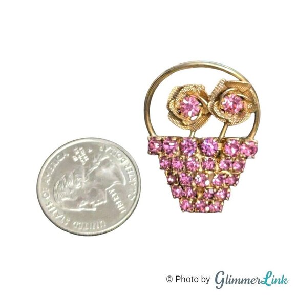 Vintage Rose Flowers Basket Pink Rhinestones Gold Tone Brooch - Picture 4 of 6